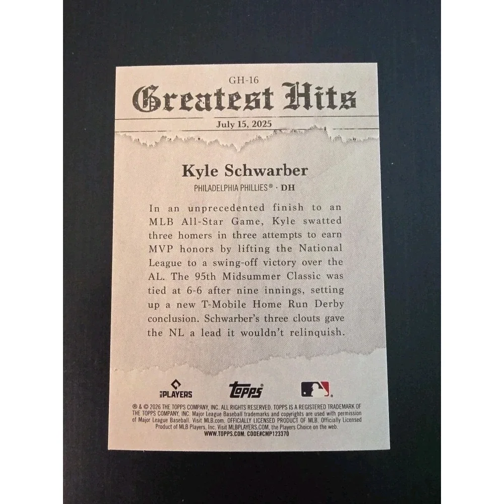 2026 Topps Series 1 Greatest Hits - Kyle Schwarber - Phillies - #GH-16